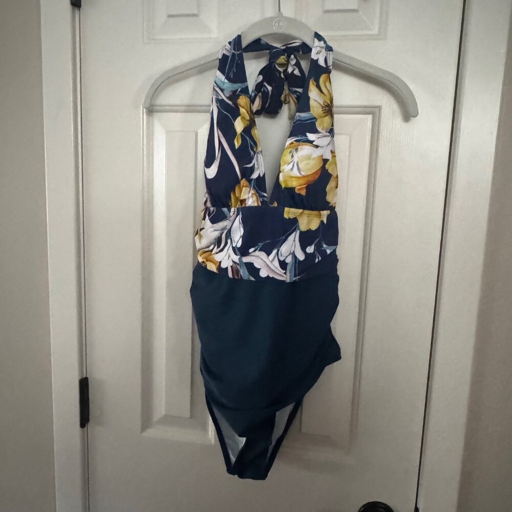 Cupshe Dark Teal Blue Yellow White Floral One Piece Swimsuit Size M Medium New